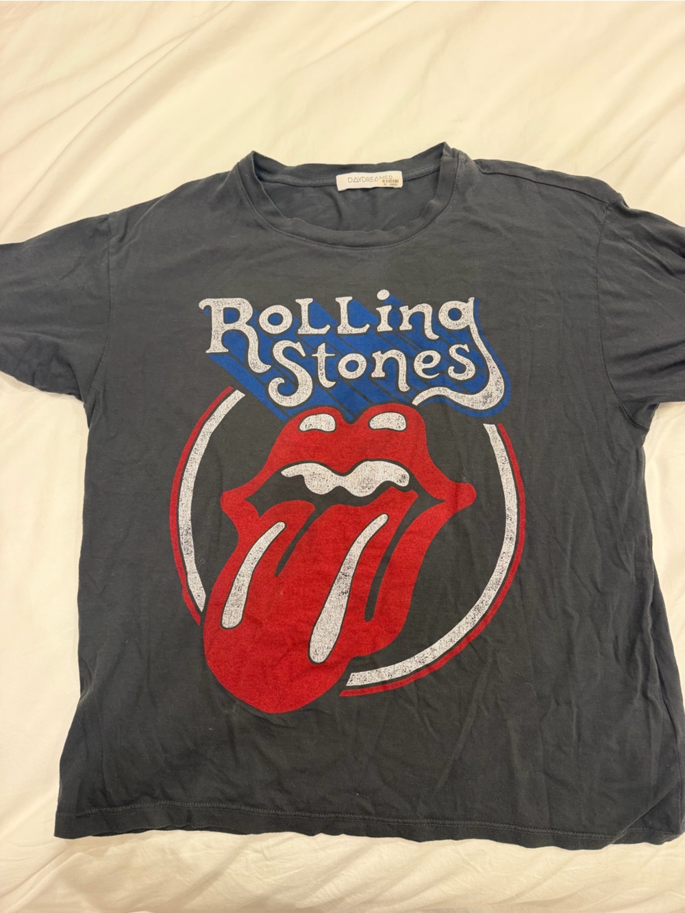Daydreamer Charcoal Rolling Stones Tongue Logo Tee with Red and Blue Graphic